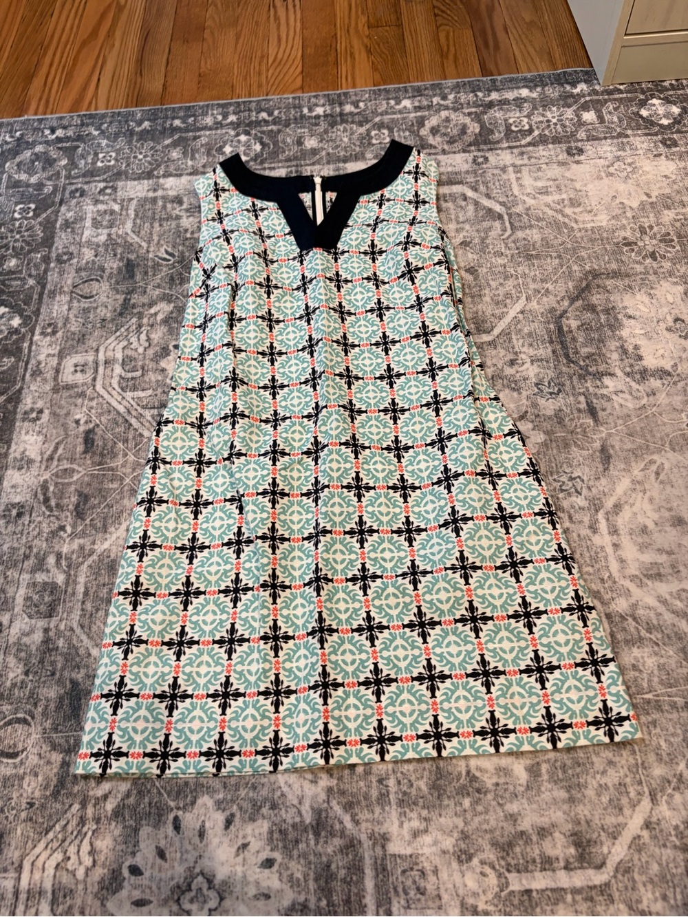 Talbots linen/cotton blend Mint Green Black Patterned Sleeveless Shift Dress